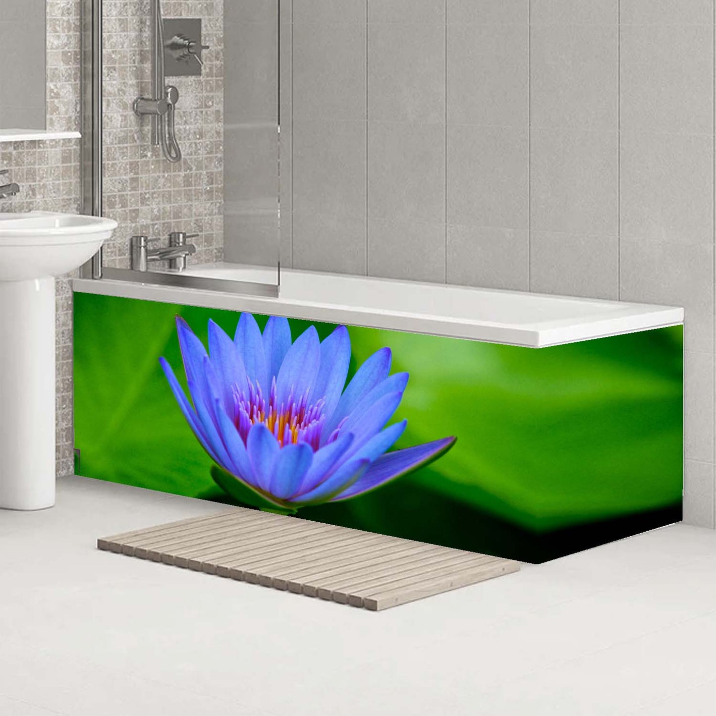 Bath End Panel with Blue Water Lilly