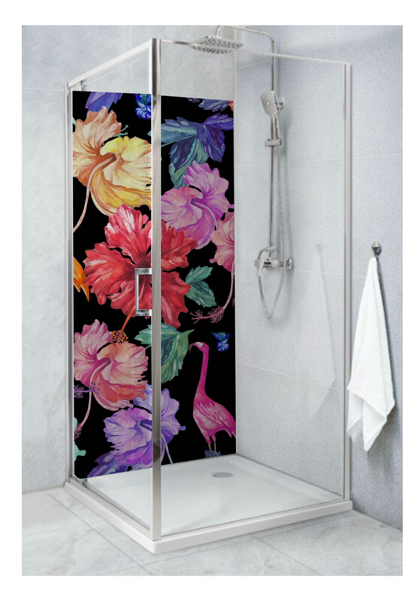 Standard Size Single Shower Panel with black floral print with storks