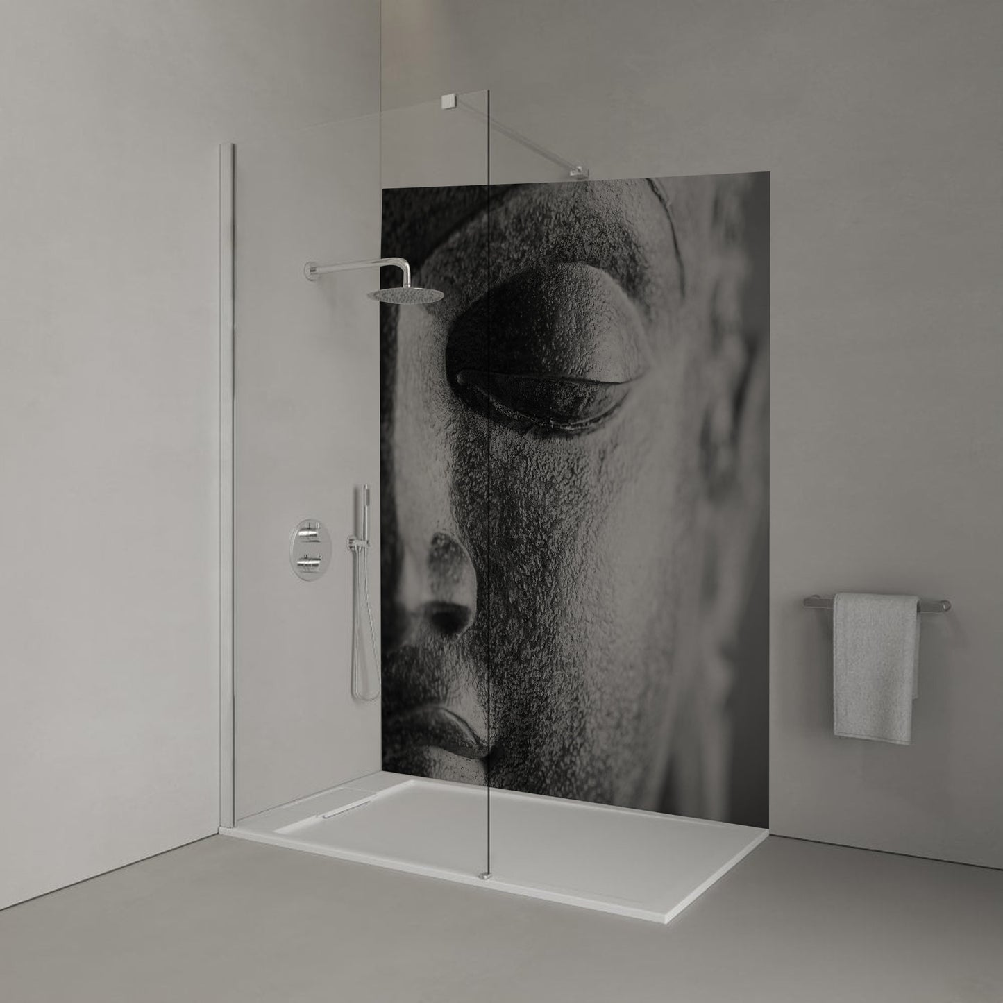 Monochrome close up Buddha head Shower Panel