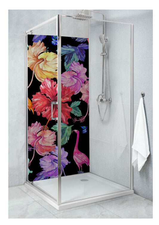 Standard Size Single Shower Panel with black floral print with storks