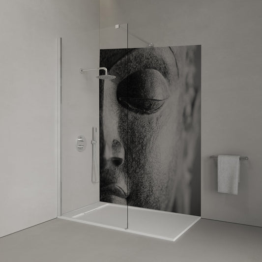 Monochrome close up Buddha head Shower Panel