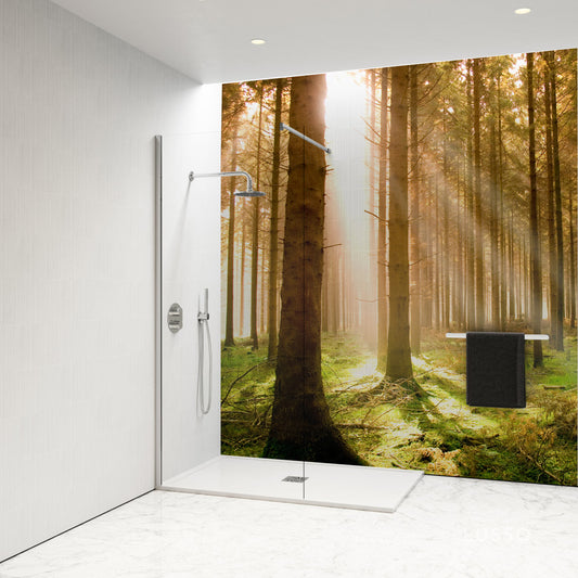 Shower Panel with autumn forest and sun shining