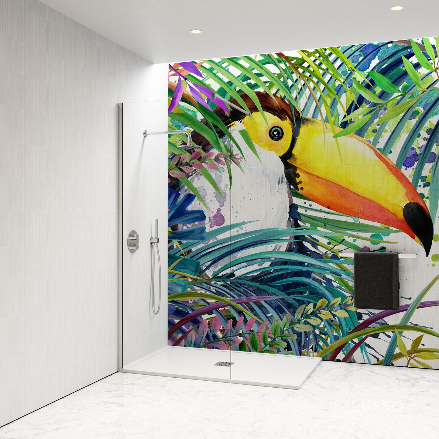 Shower Panel with water colour toucan